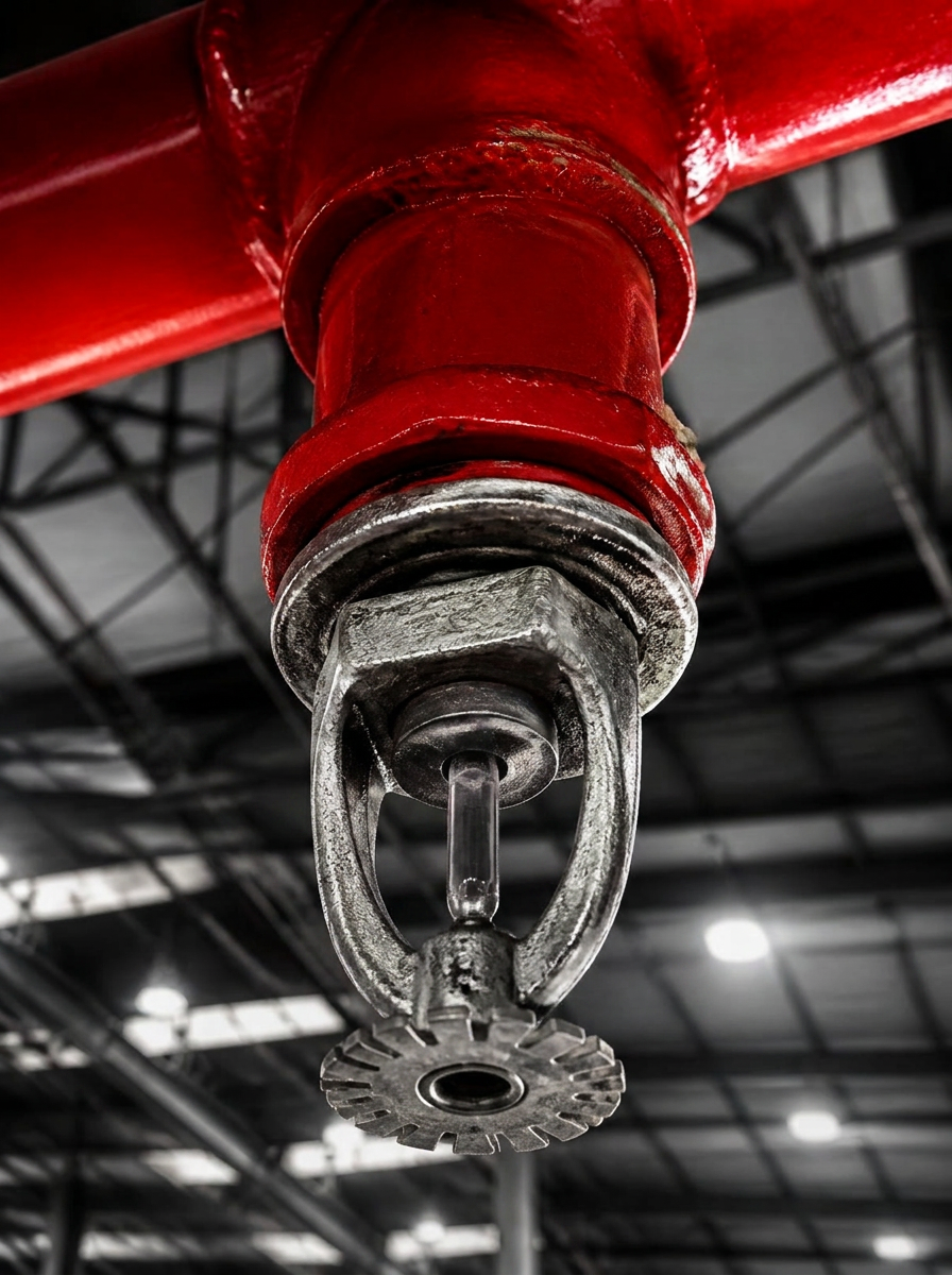 Rociador automático sobre red de agua contra incendios pintada de rojo